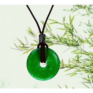 Apple Green Jade Donut Unisex Necklace 25mm Black Leather Cord Good Luck Health
